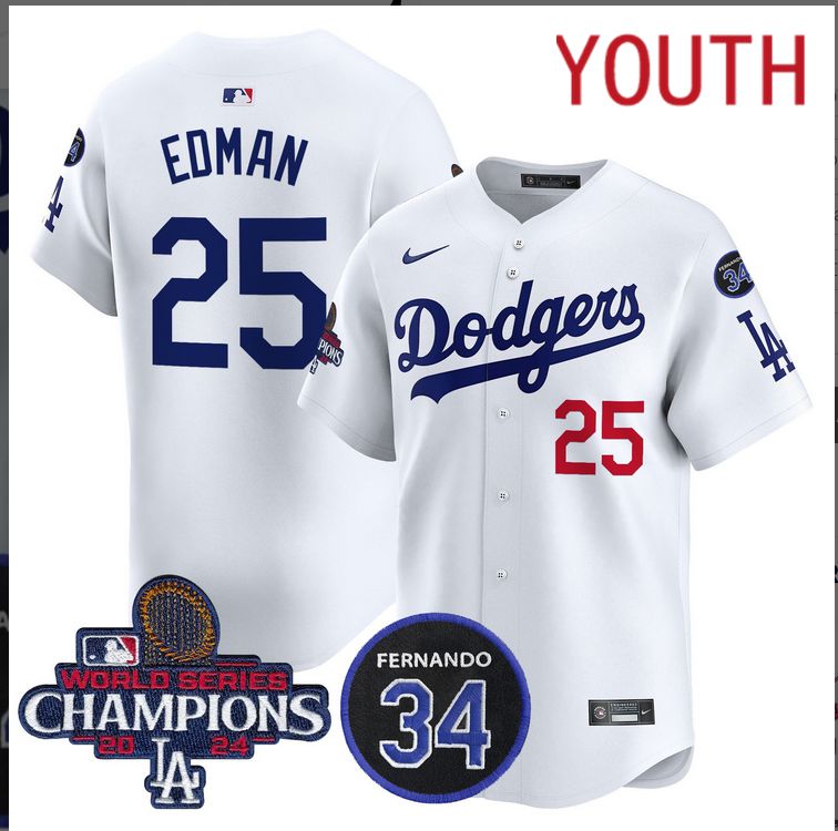 Youth  MLB Los Angeles Dodgers #25 Edman white 2024 World Series Champions Patch Limited Jersey